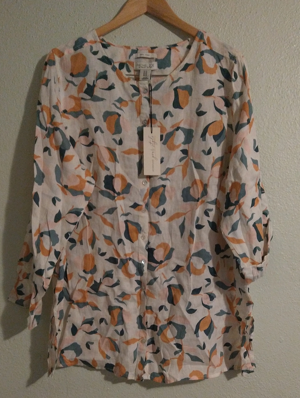 RACHEL ZOE Women’s Cream Green Pink Tan Floral Print Linen Button Down Blouse